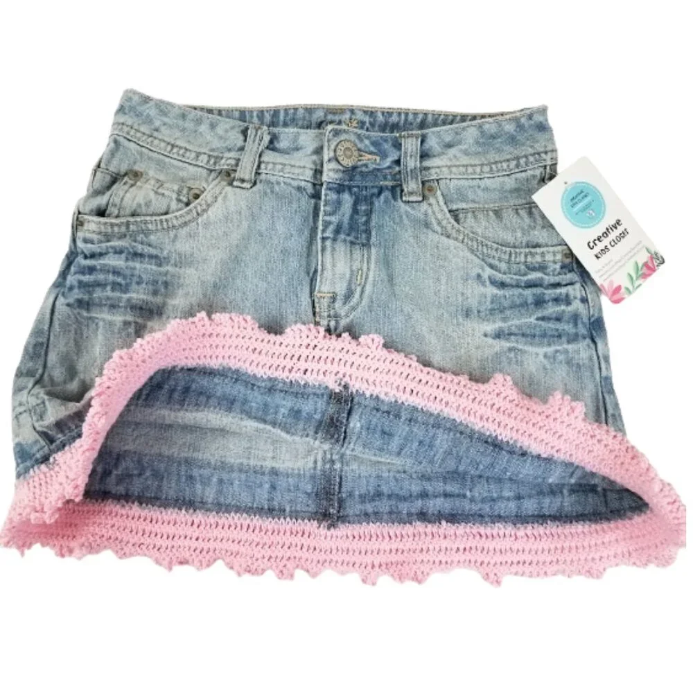 JUSTICE Refashioned Up-Cycled Crochet Jean Skirt With Crochet Flower - Girl's 8